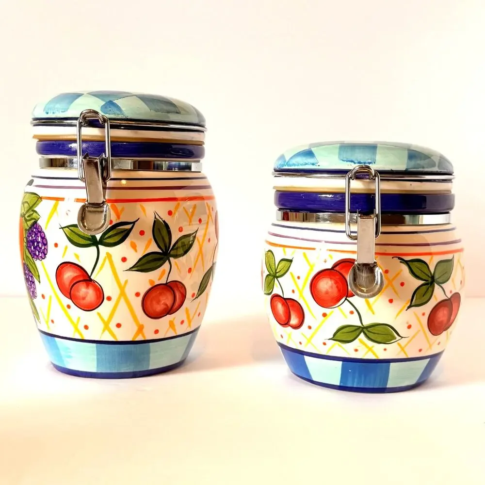 Capriware Michael's Orchard Lot of 2 Multi Color Handpainted Ceramic Canisters